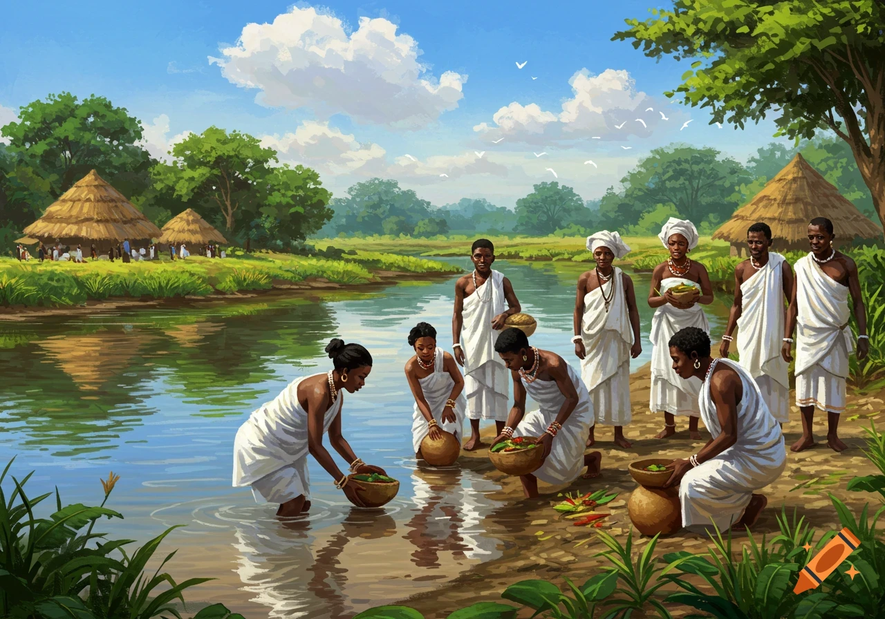 Igbo villagers in white robes perform a riverbank ceremony, offering calabashes. Painted scene with thatched huts and landscape.