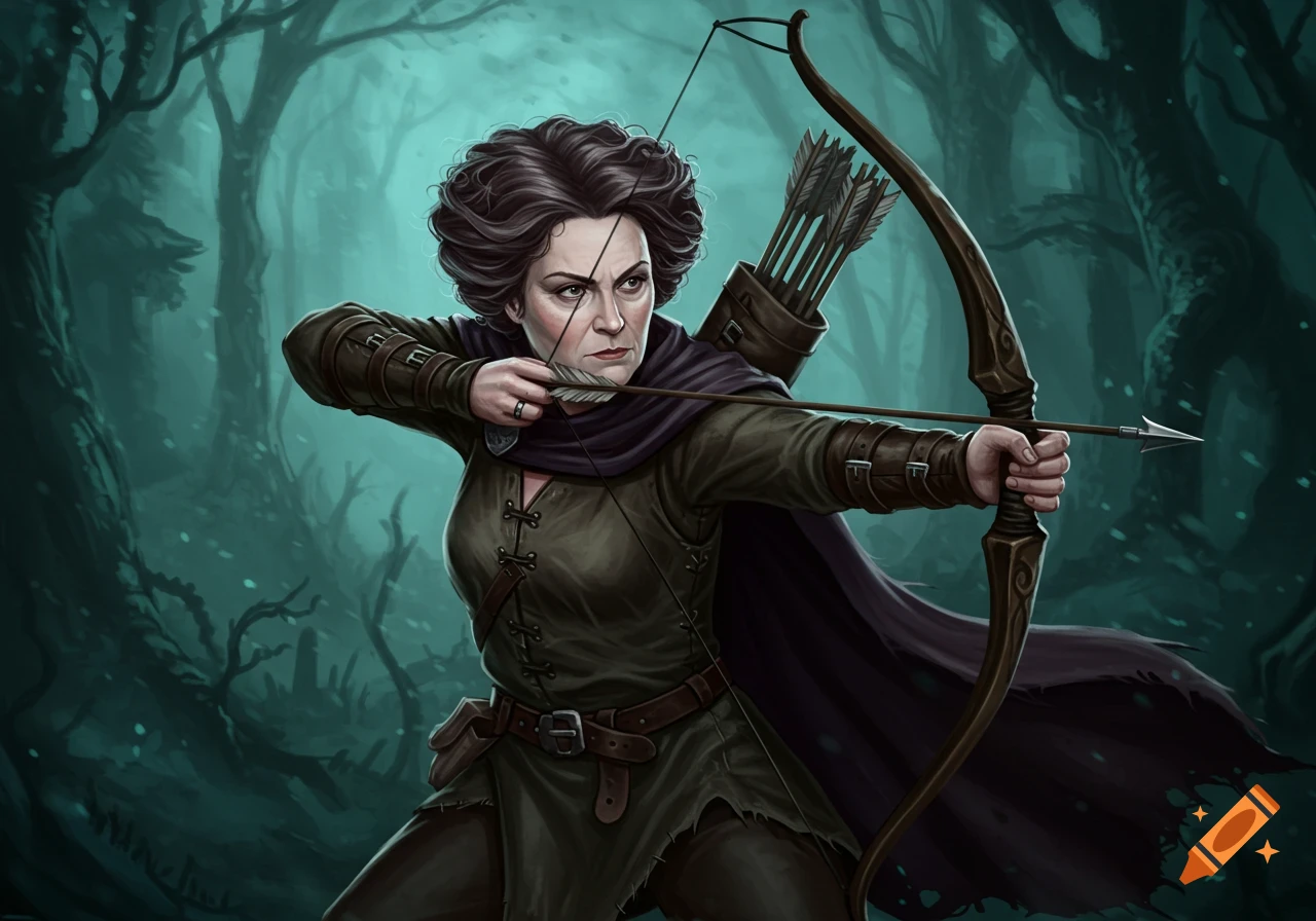 A determined woman in fantasy attire draws a longbow in a dark forest.