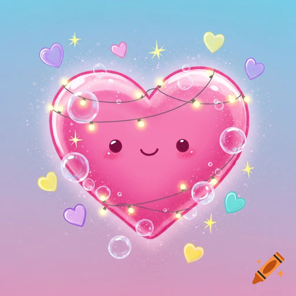 A cute pink heart with a face, wrapped in string lights, surrounded by bubbles, stars, and smaller hearts in a pastel illustration style.