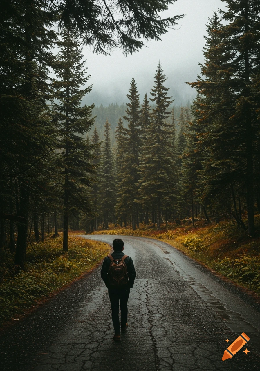 Person walks down a winding road through a misty forest.