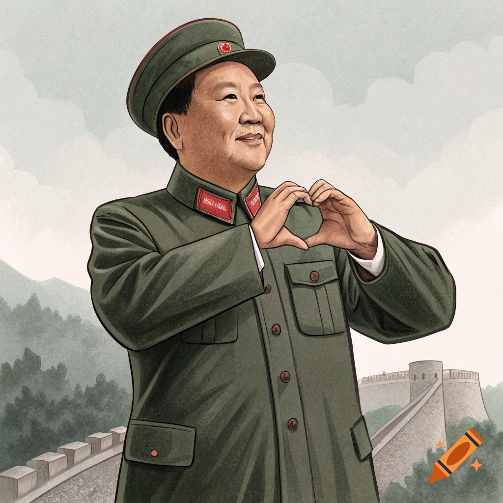 Illustration of Chairman Mao in uniform making a heart symbol with his hands on the Great Wall.