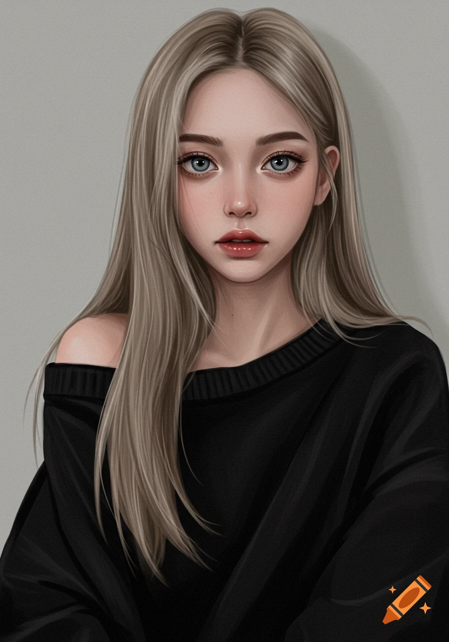Stylized digital art portrait of a young woman with long blonde hair, blue eyes, and an off-the-shoulder black sweater.