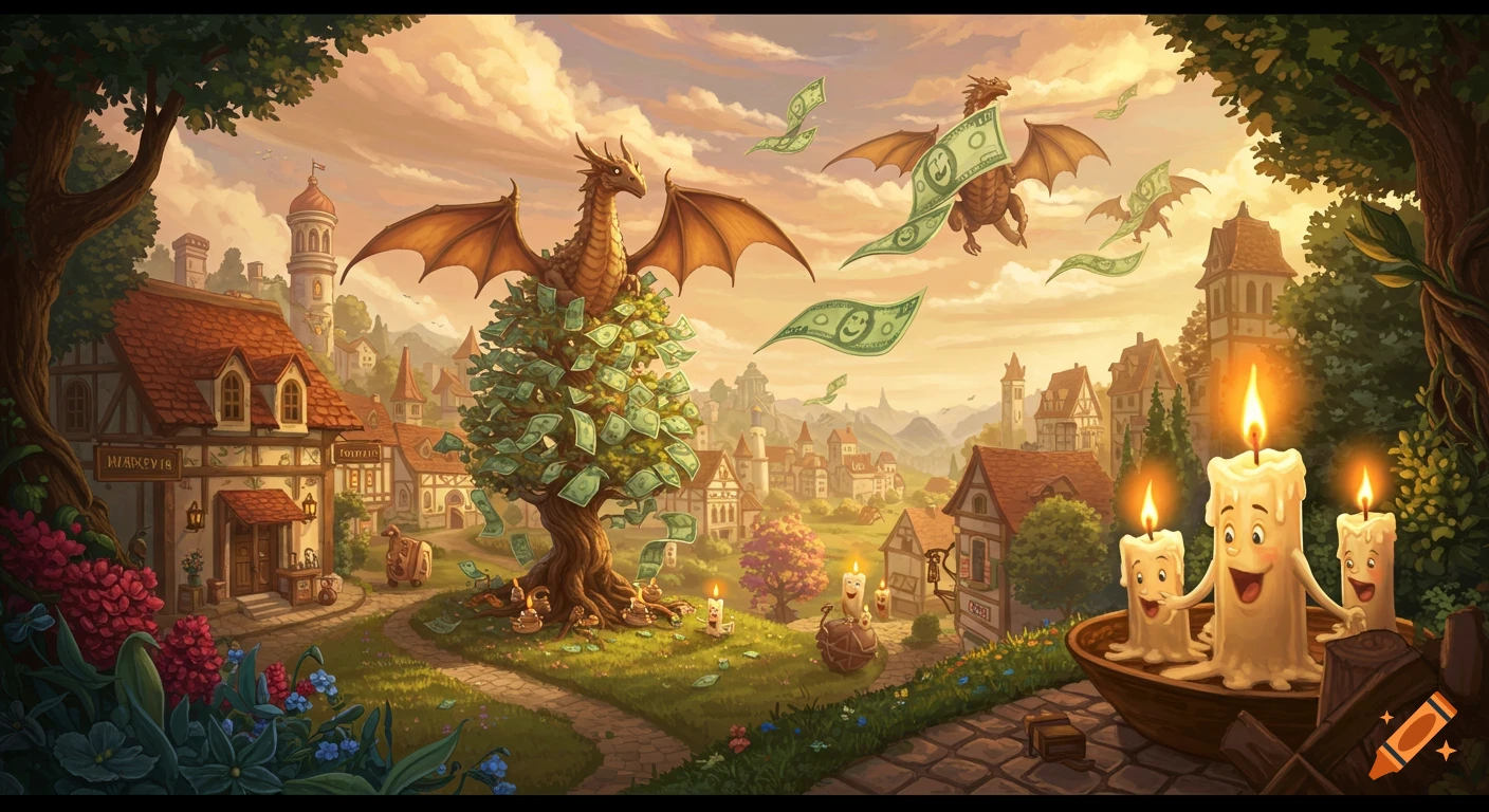 Illustration of a fantasy town with dragons flying money, a money tree, and talking candles.