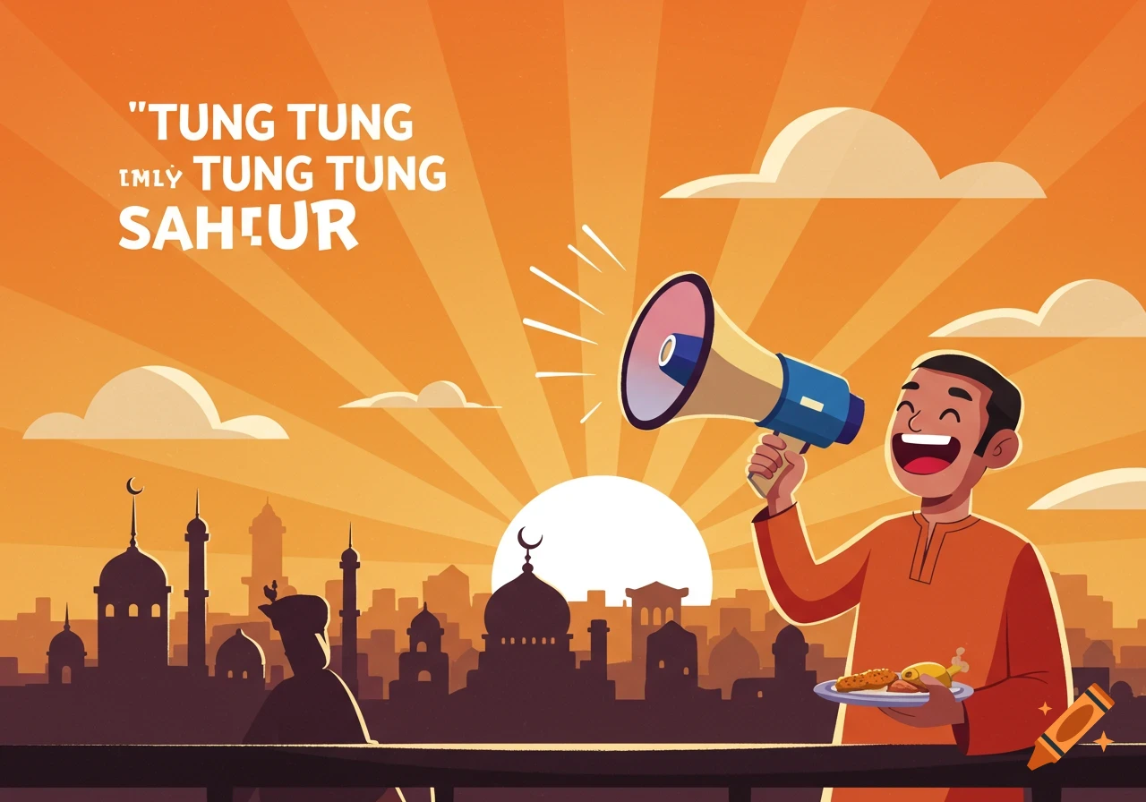 Illustration of a smiling man with a megaphone and food against a sunrise and mosque skyline.