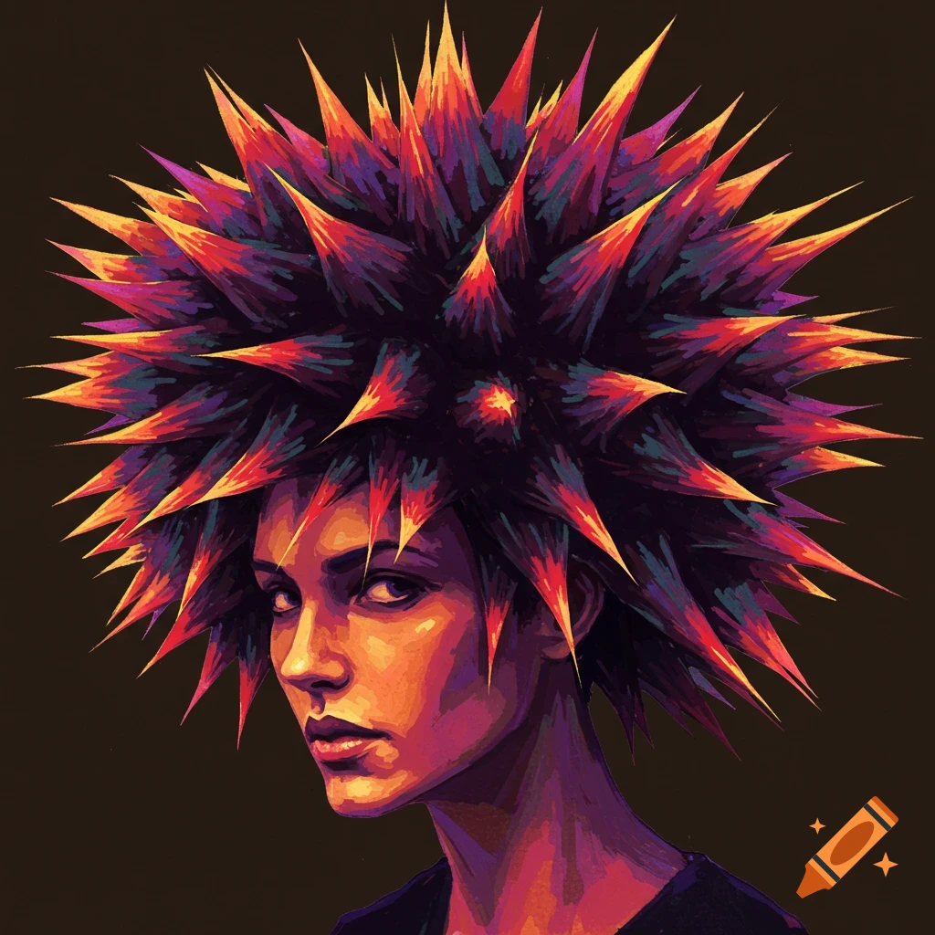 Stylized portrait of a person with a large, spiky, multi-colored hairstyle.