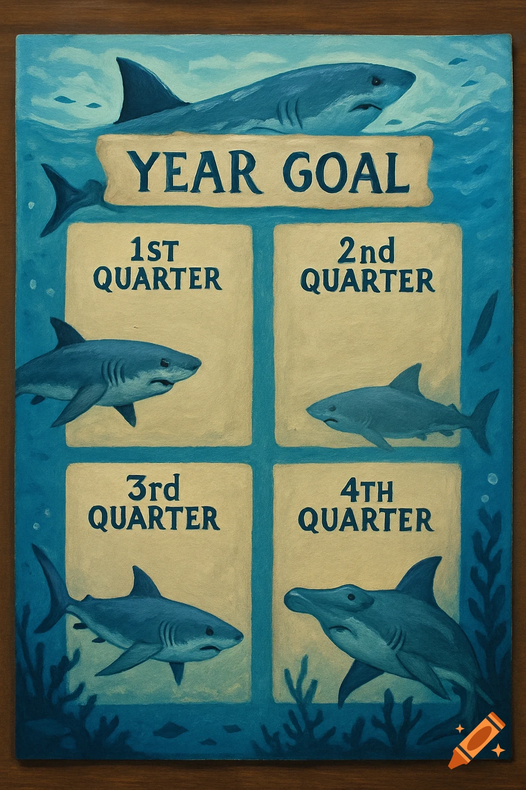 A painted goal board with sharks, featuring a 'Year Goal' and sections for four quarters.