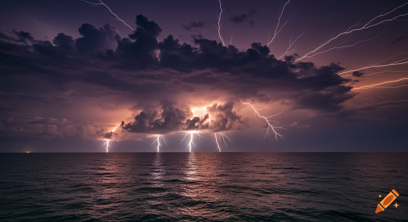 Lightning strikes illuminate dark storm clouds over a calm ocean during sunset.