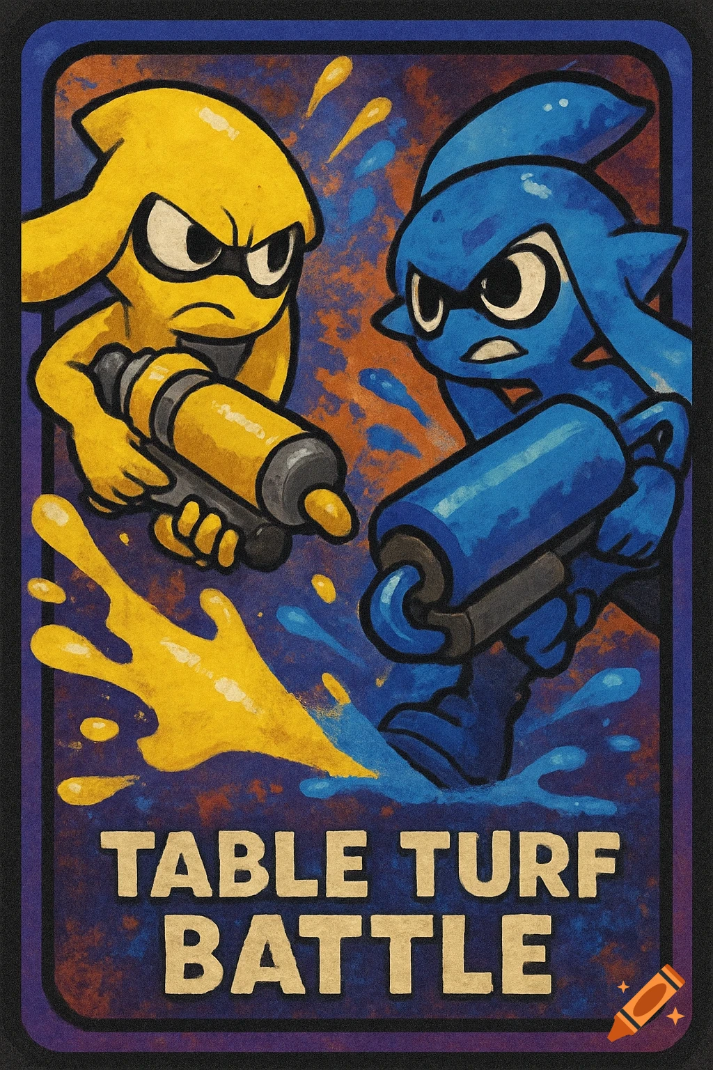 Illustration of yellow and blue Splatoon characters battling with paint, with 'Table Turf Battle' text.