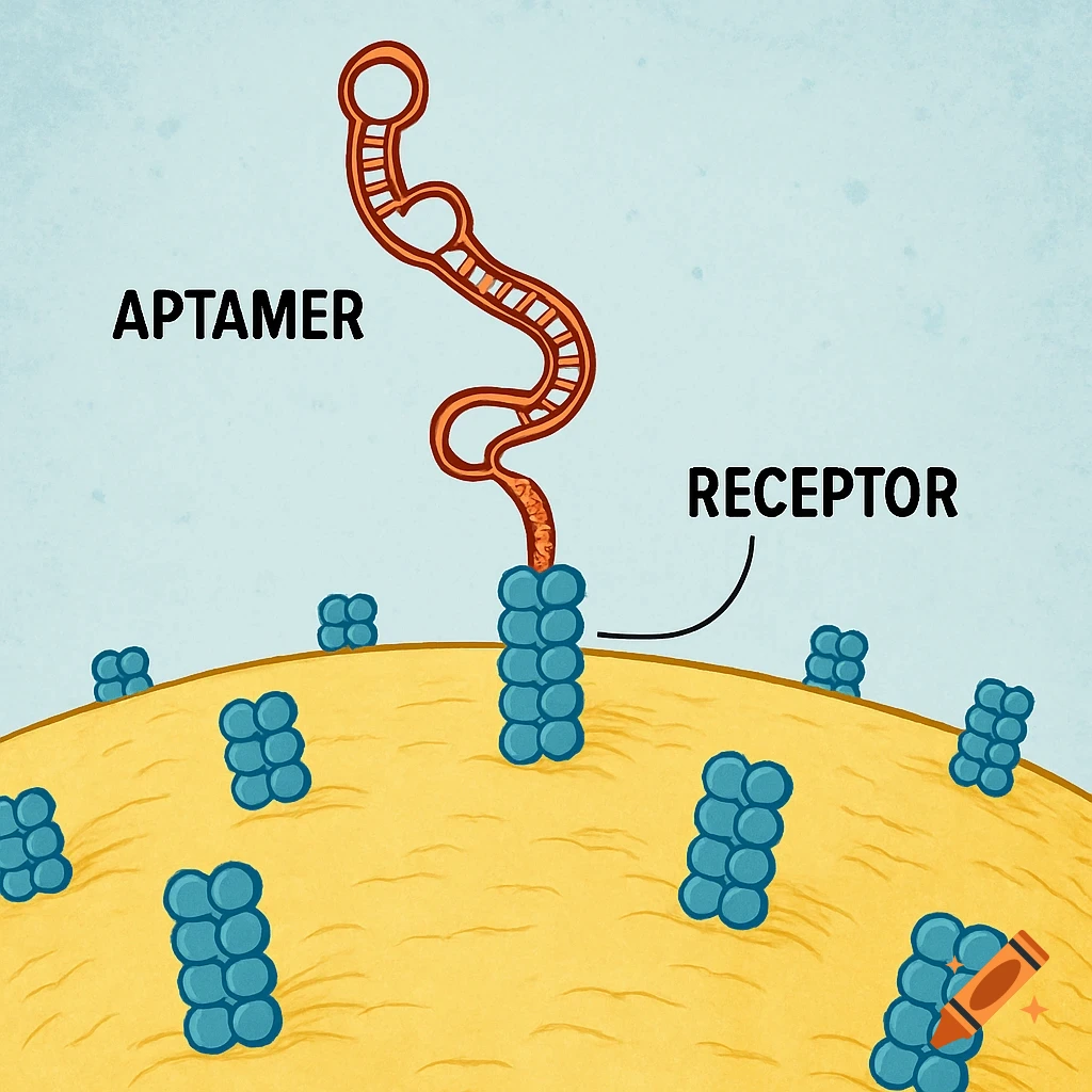 Diagram showing an aptamer binding to a receptor on a cell surface.