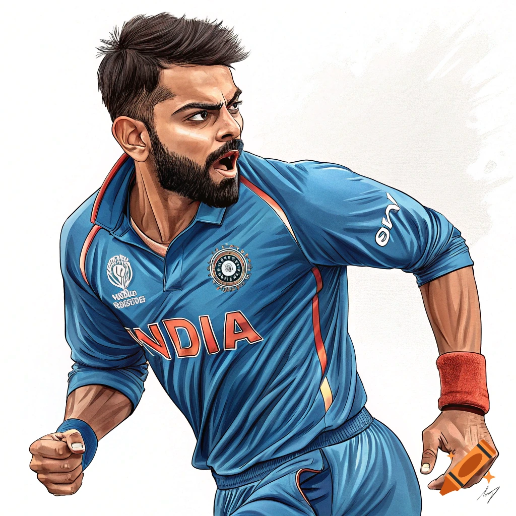 Anime style portrait of Virat Kohli in a blue India cricket jersey.