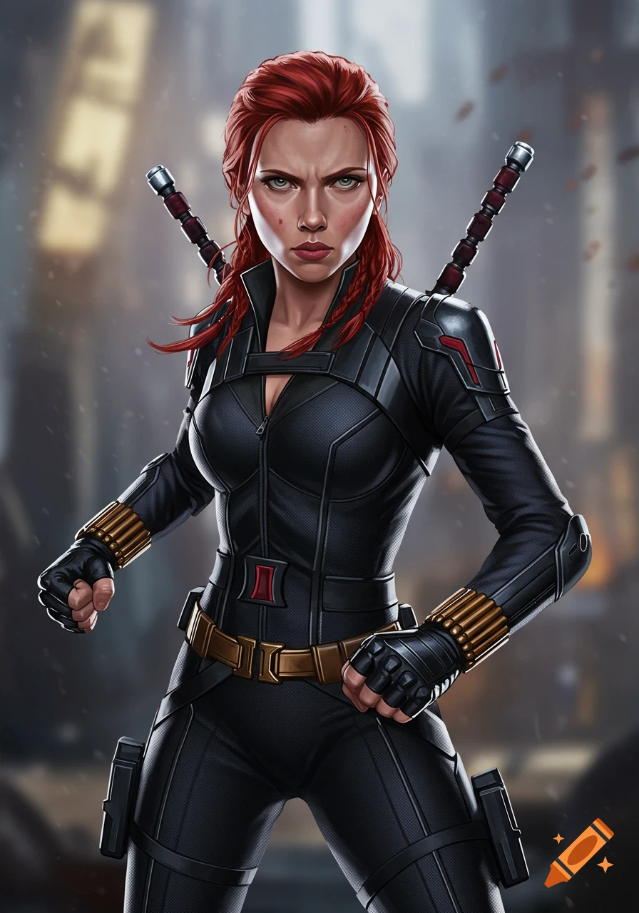 Illustration of Black Widow in her black suit with batons