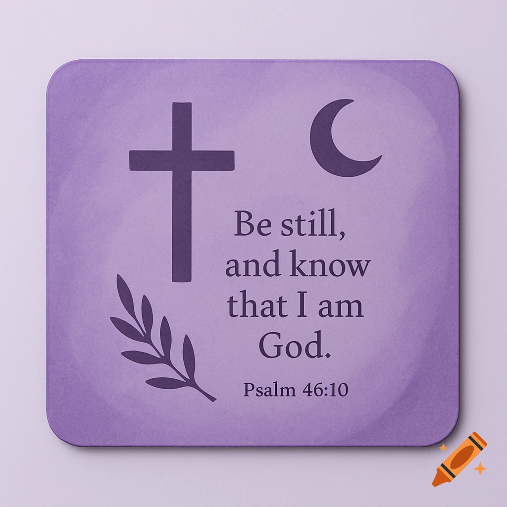 A purple coaster design featuring a cross, crescent moon, olive branch, and the Bible verse Psalm 46:10.