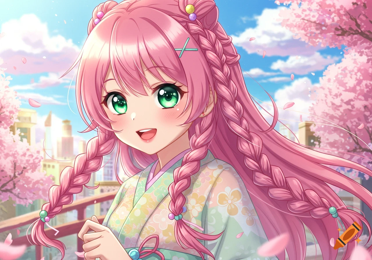 Anime girl with pink braided hair and green eyes, smiling in a floral kimono, surrounded by cherry blossoms.