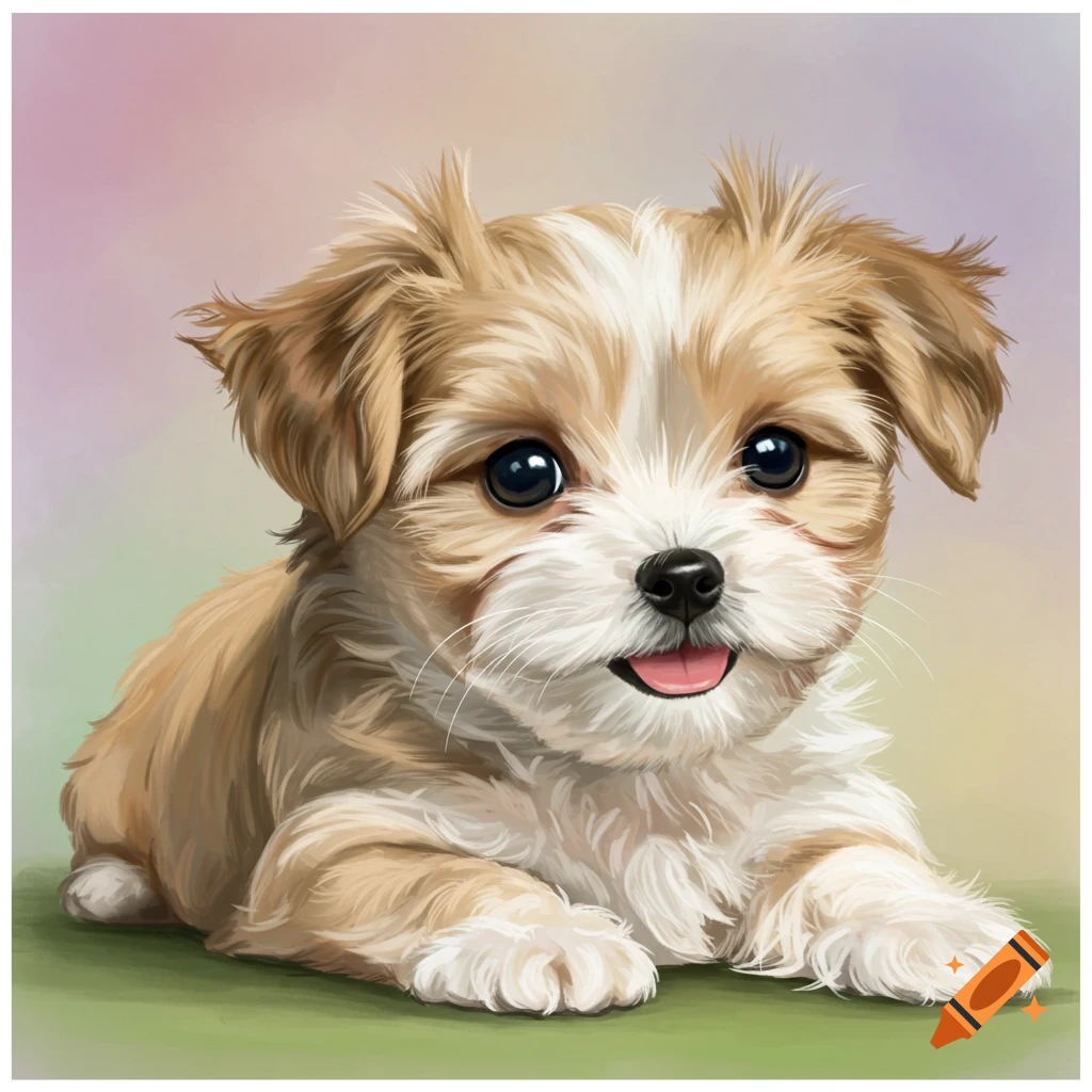 A cute Morkie puppy lying down, digital painting.