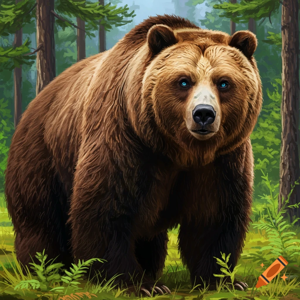 Brown bear with striking blue eyes stands in a forest clearing, illustration style.