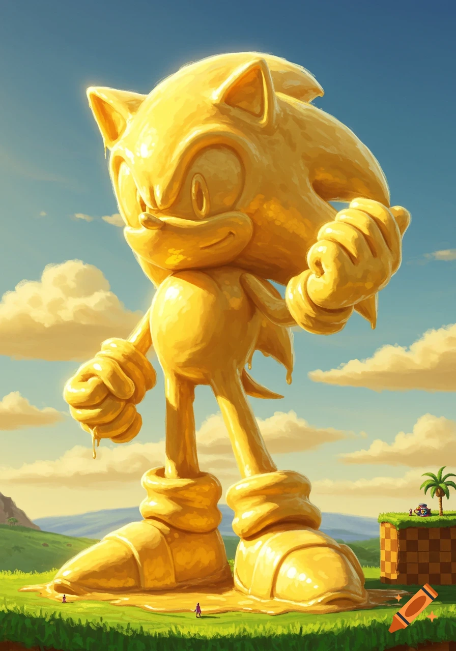 Giant melting yellow butter statue of Sonic the Hedgehog in a sunny landscape with tiny people