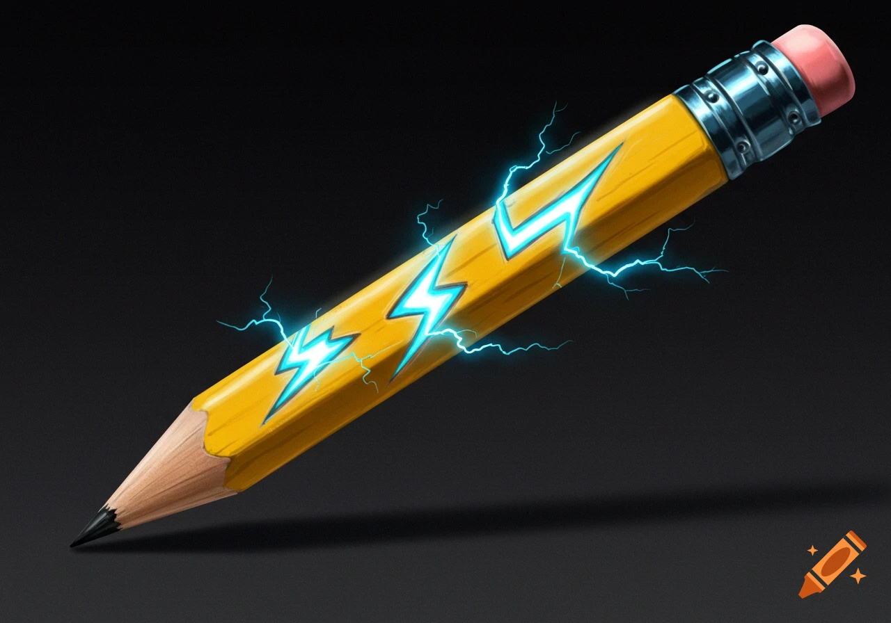 A yellow pencil with bright blue lightning bolts emanating from its side against a dark background.