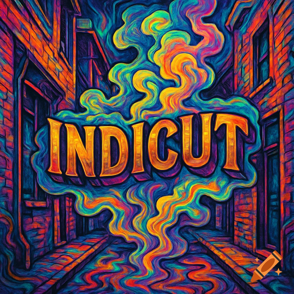 The word INDICUT in gold lettering surrounded by swirling, colorful smoke in a dark alley in a trippy, textured style.