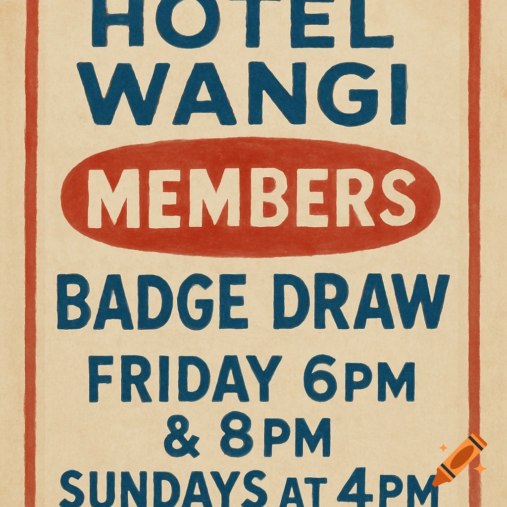 Vintage style poster advertising a badge draw at Hotel Wangi.