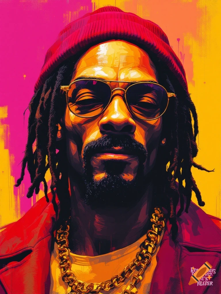 Stylized portrait of Snoop Dogg wearing a red beanie and sunglasses with a gold chain, against a vibrant pink and yellow background.