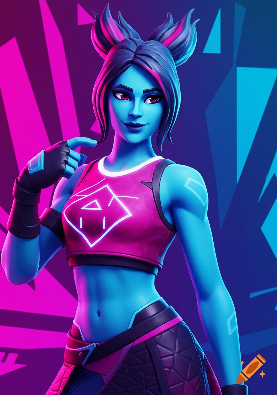 Fortnite character with blue skin, pink crop top, and neon lighting