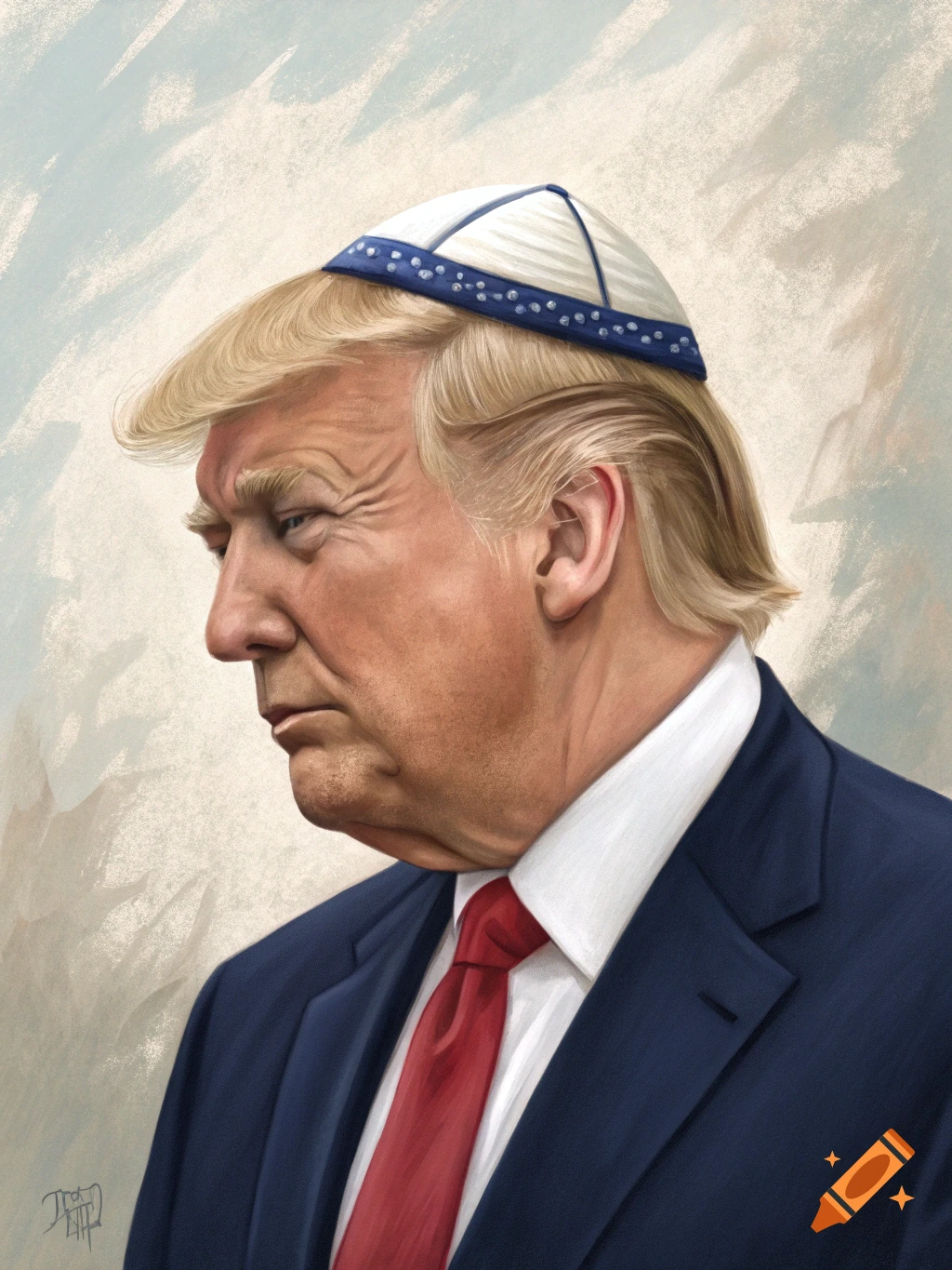 Illustration of a person resembling Donald Trump wearing a kippah.