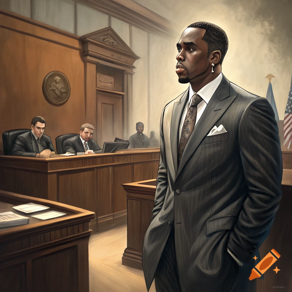 Painting of a man resembling P. Diddy standing in a courtroom wearing a suit.