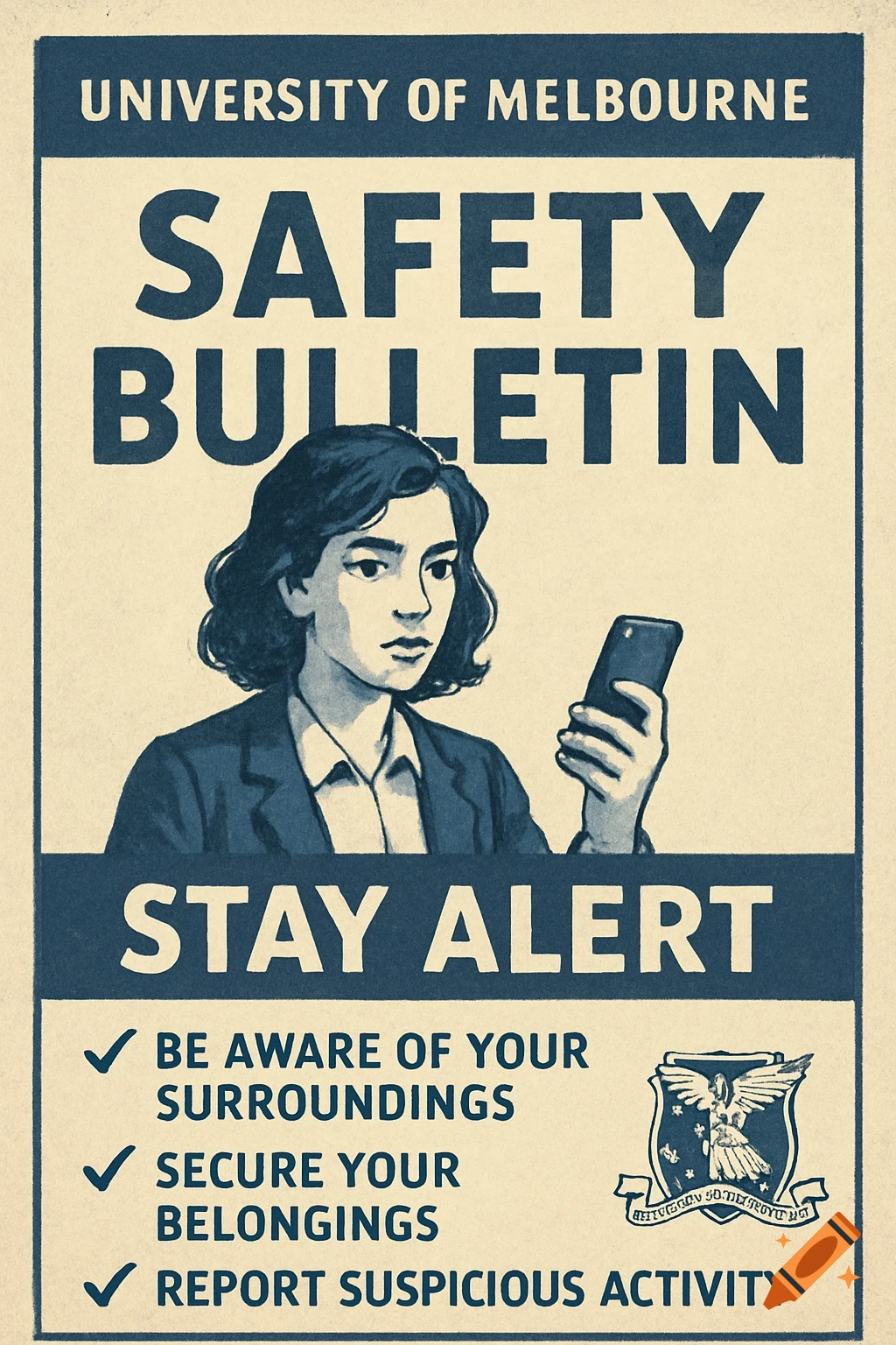 Illustration of a retro safety bulletin poster for the University of Melbourne, featuring a woman with a phone and safety tips.