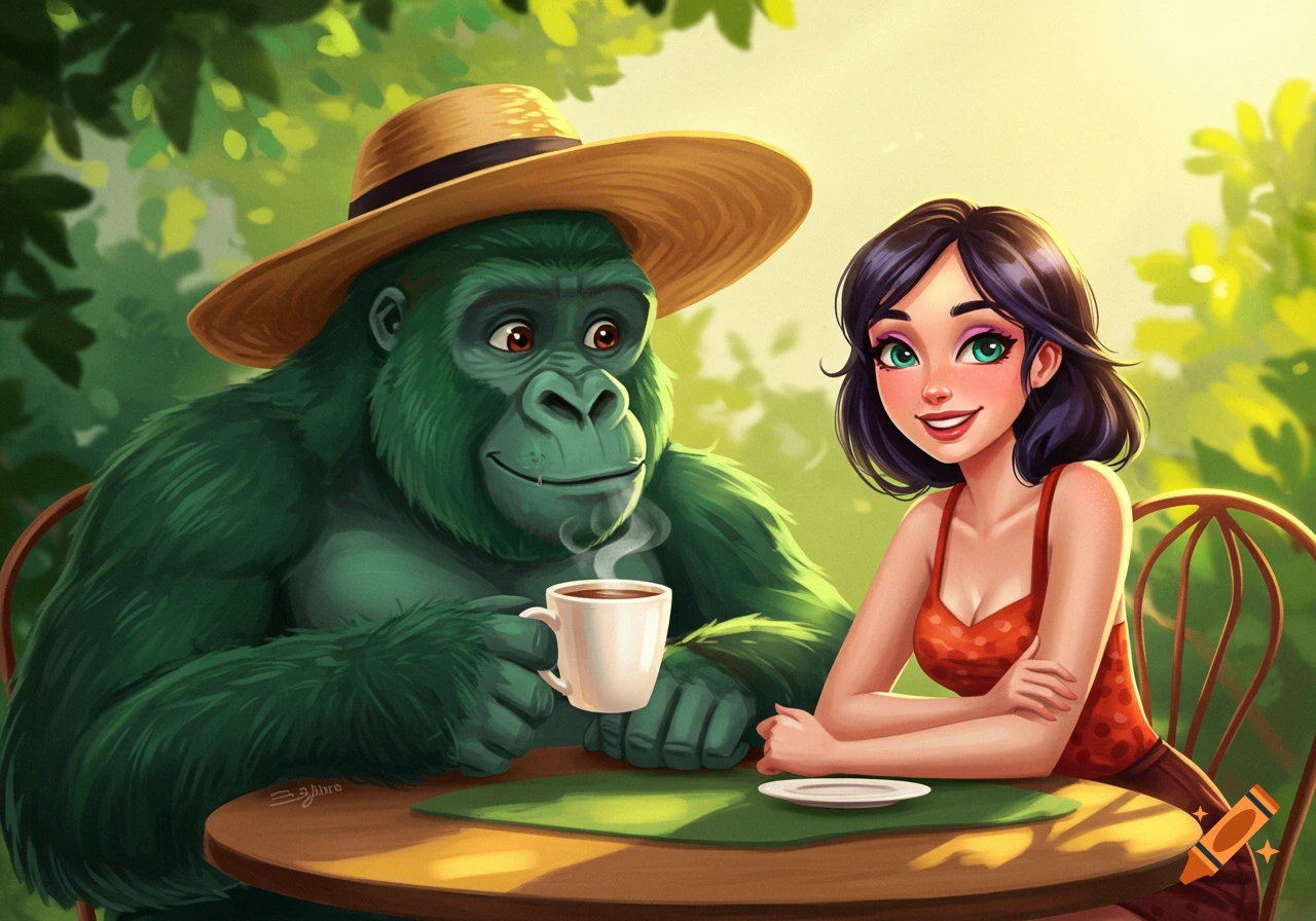 Green gorilla with a hat and woman having coffee at a table, digital illustration.