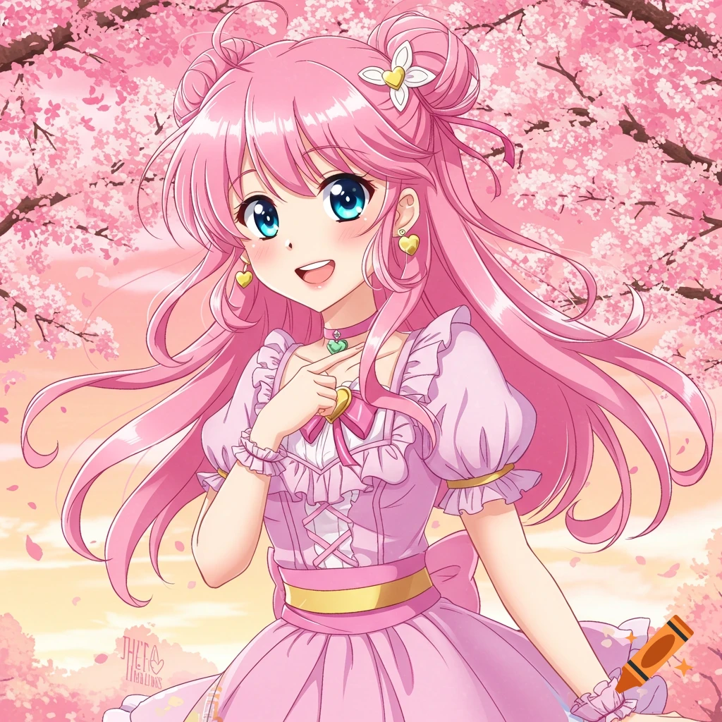 Anime girl with pink hair in a pink dress standing among cherry blossoms.