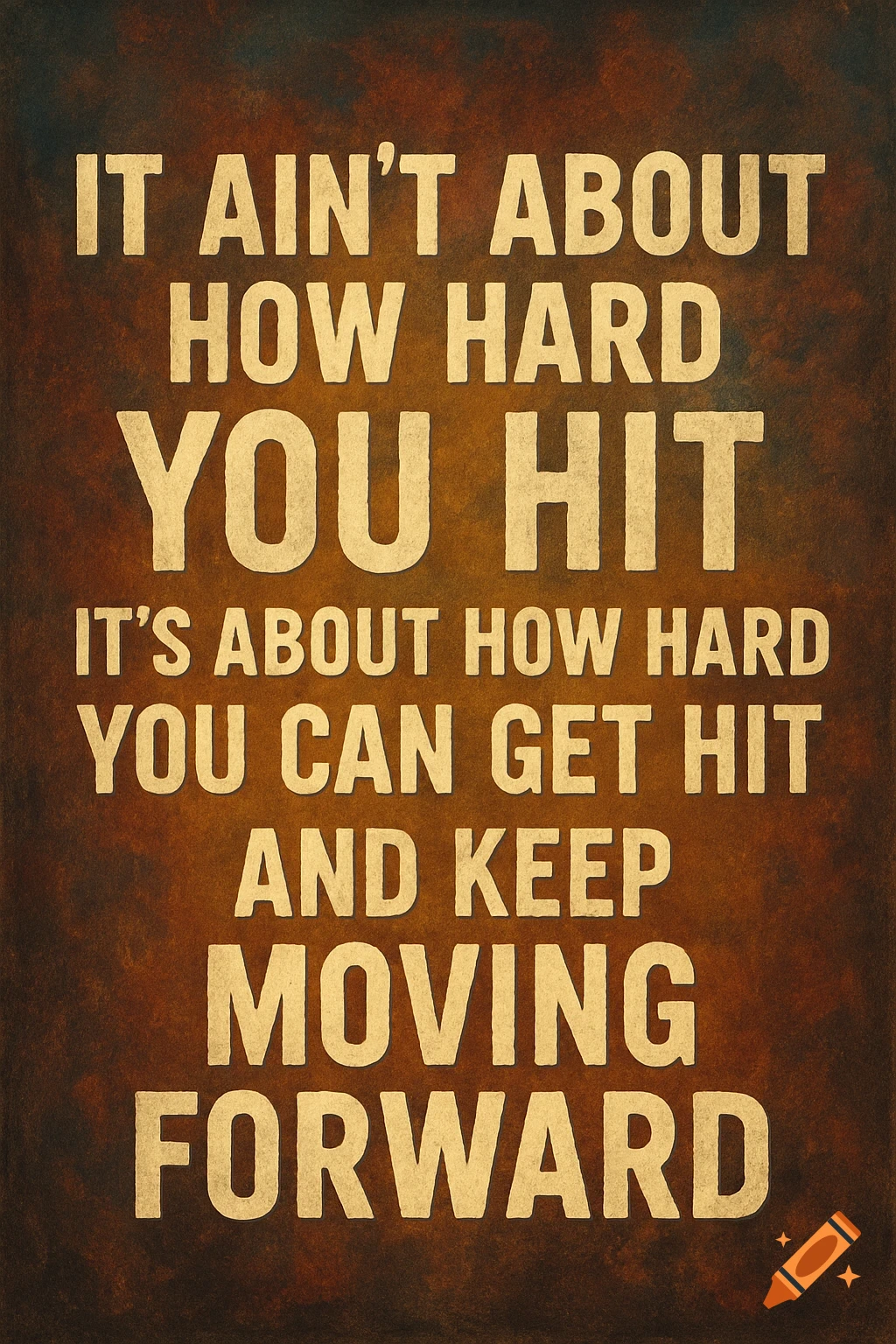 Motivational quote poster with text IT AIN'T ABOUT HOW HARD YOU HIT IT'S ABOUT HOW HARD YOU CAN GET HIT AND KEEP MOVING FORWARD on a distressed brown background.