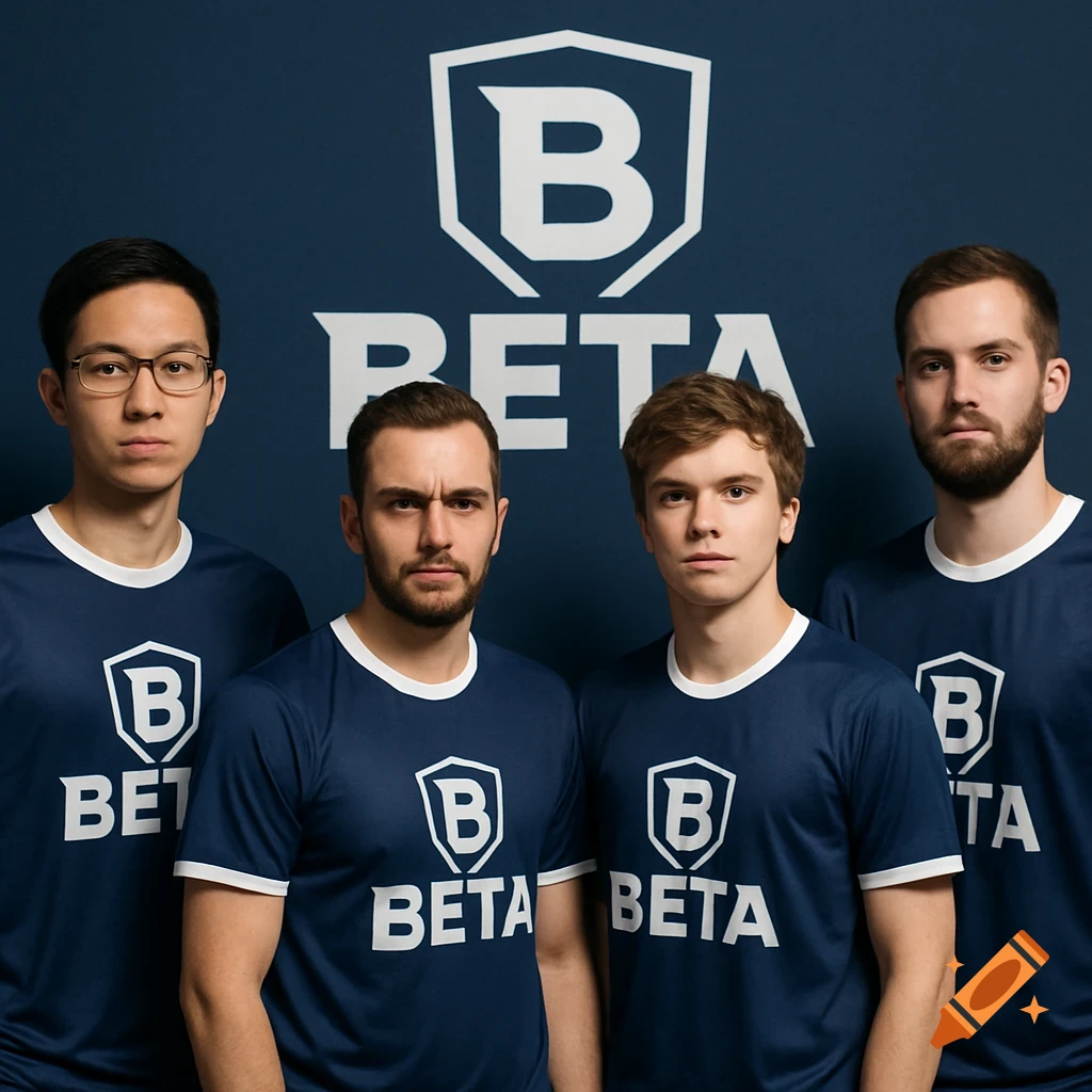 Four young men in blue team shirts with a shield logo and 'BETA' text, standing in front of a logo backdrop.