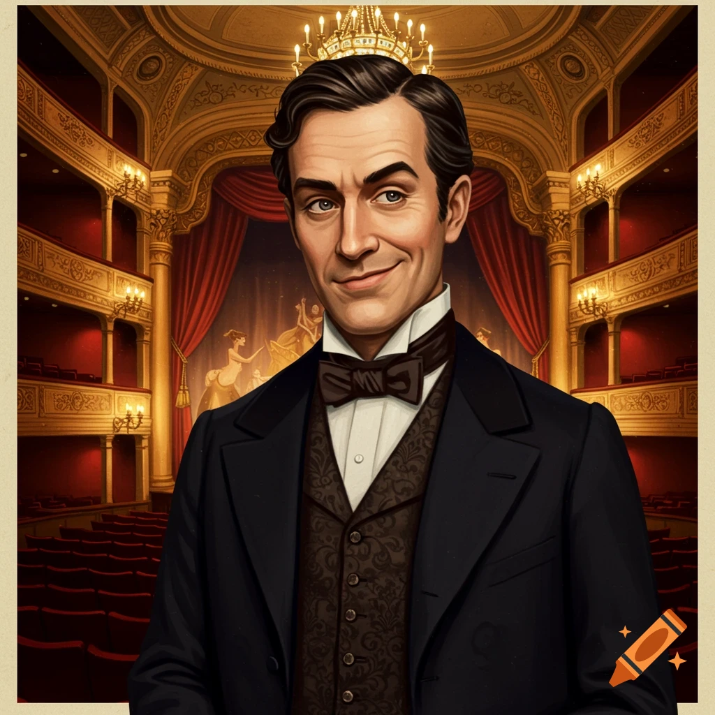 Portrait of a man in a black suit and bow tie standing in an ornate theatre.