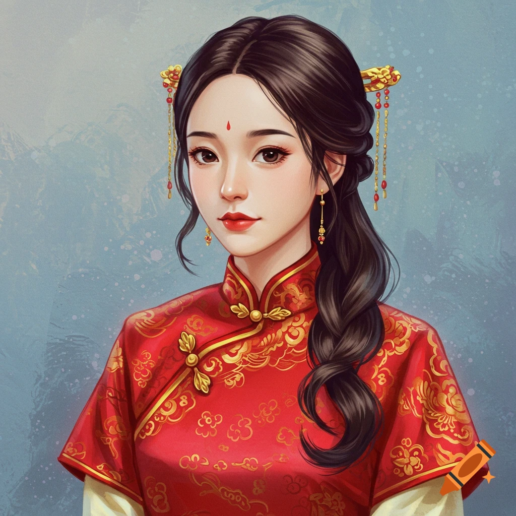 An illustration of a young woman in a red and gold traditional Chinese dress.