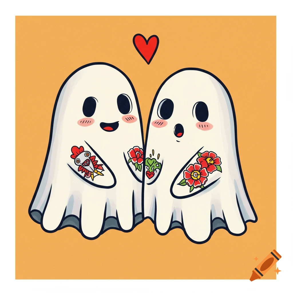 Cartoon illustration of two ghosts with tattoos standing together under a heart.