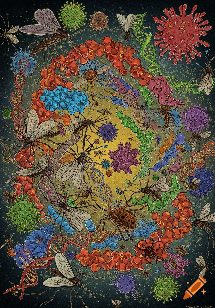 Detailed illustration of mosquitoes, midges, viruses, DNA, and proteins.