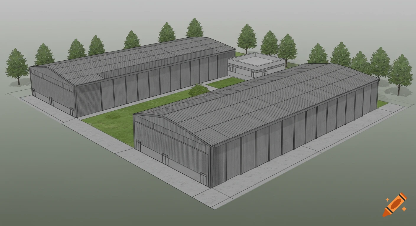 An architectural sketch showing two long hangar buildings with a smaller office building between them, surrounded by trees and pavement.