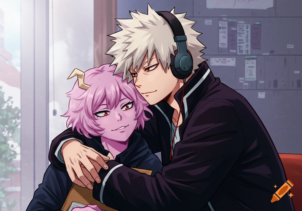 Anime characters Mina Ashido and Bakugou Katsuki cuddle in My Hero Academia style.