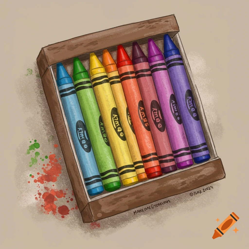 Illustration of rainbow-colored crayons in a box with paint splatters.