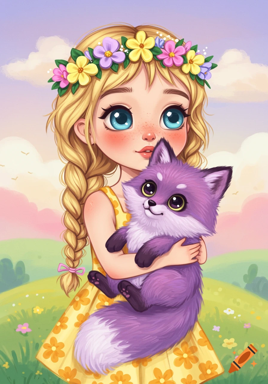 Cute blonde girl wearing a flower crown holds a purple plush fox in a field. Illustration style.