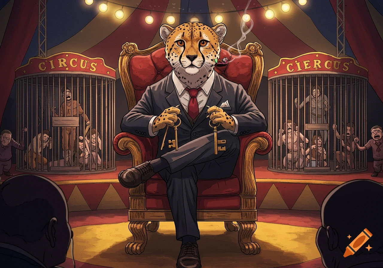 An illustration of an anthropomorphic cheetah in a suit sitting on a chair, holding keys, in a circus tent with humans in cages.