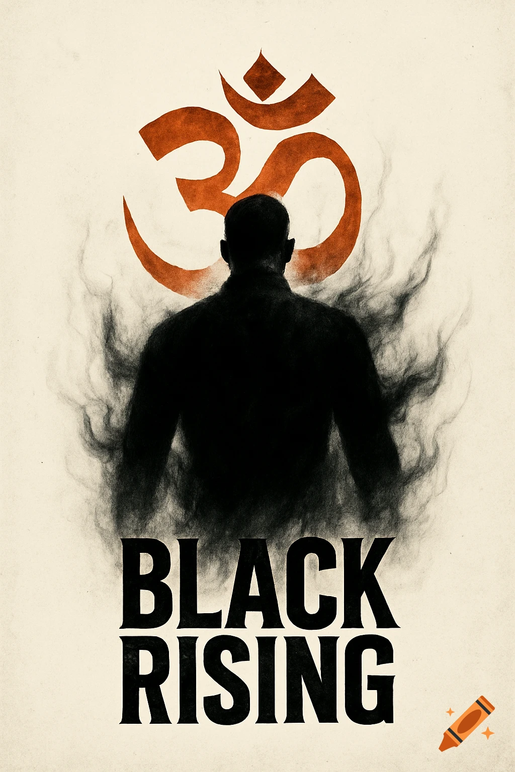 Movie poster featuring a silhouetted man's back with a shadowy aura, an orange Om symbol above, and the text "BLACK RISING" below.
