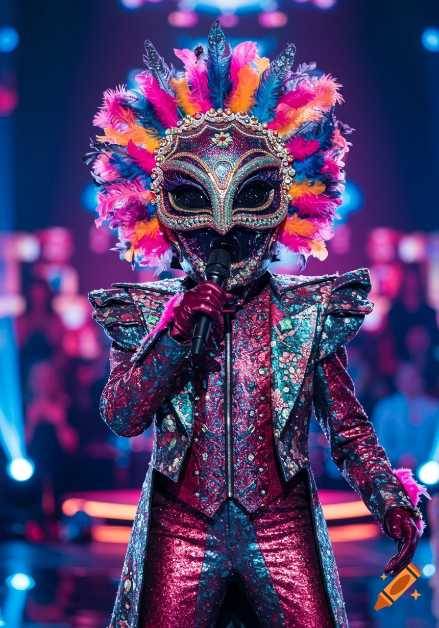 Person in a vibrant, jeweled mask and feathered costume holding a microphone on a stage.