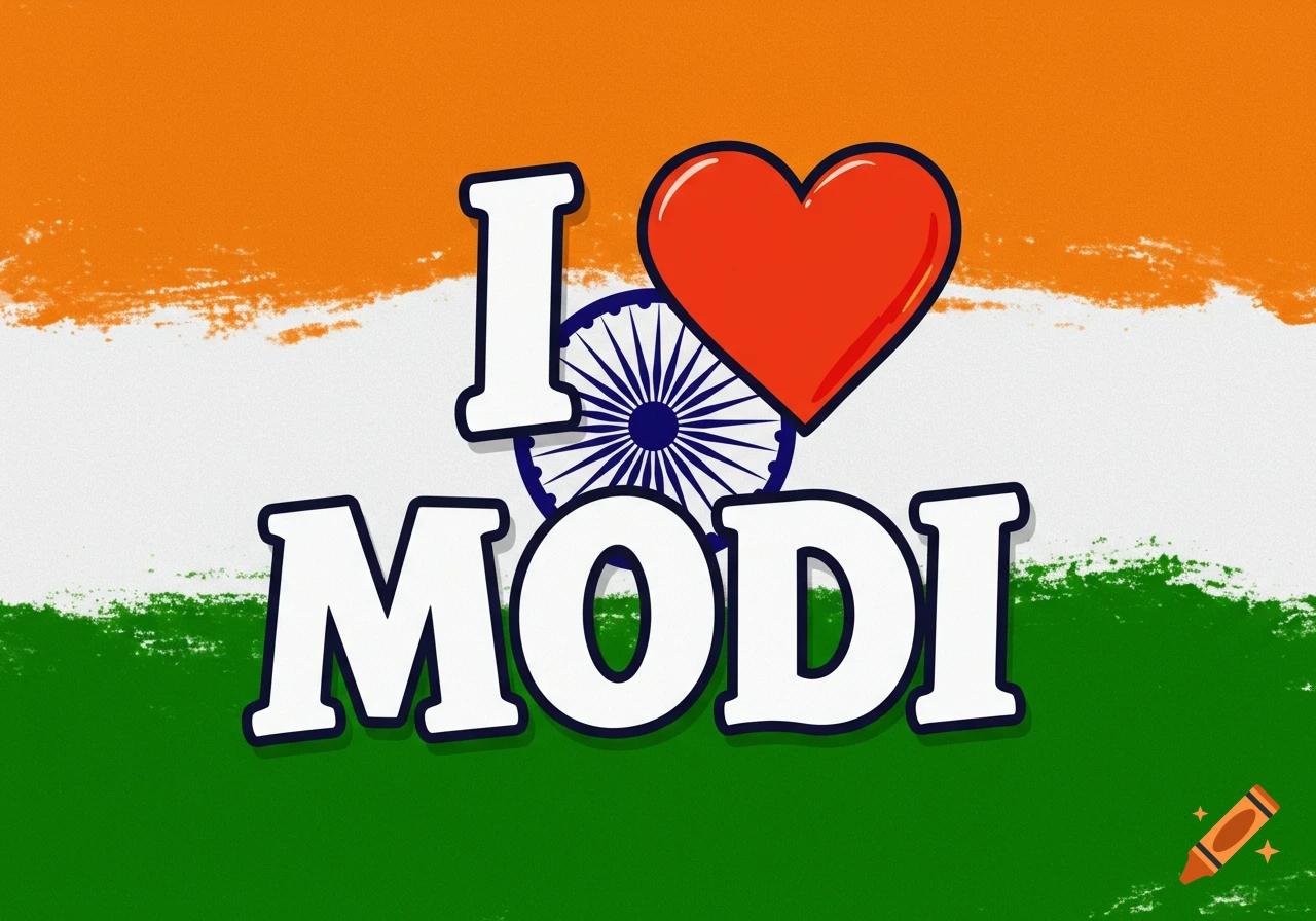 Text "I i MODI" with a red heart symbol over the Indian flag background.