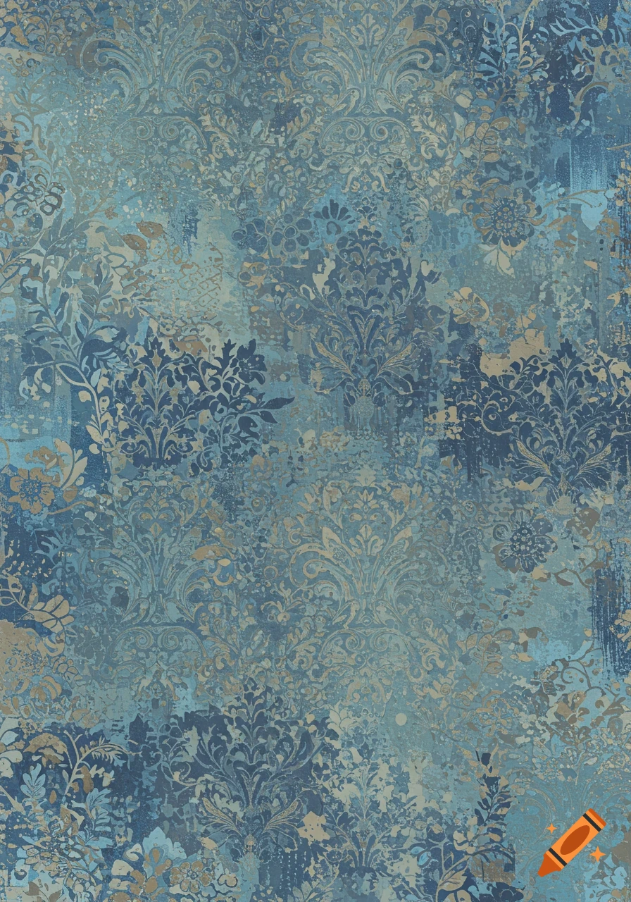 Distressed blue and beige damask pattern texture.
