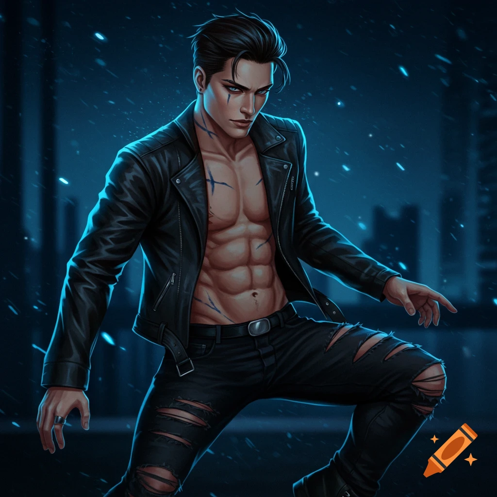 Illustration of a muscular man in an open leather jacket and ripped jeans standing in the rain at night.