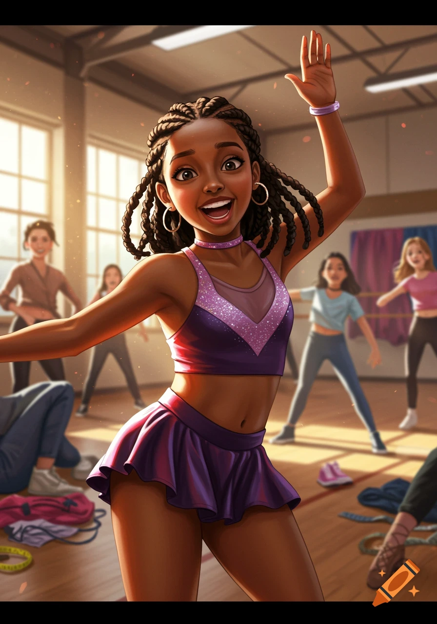 A Black girl in a purple outfit dances and smiles in a studio. Digital illustration.