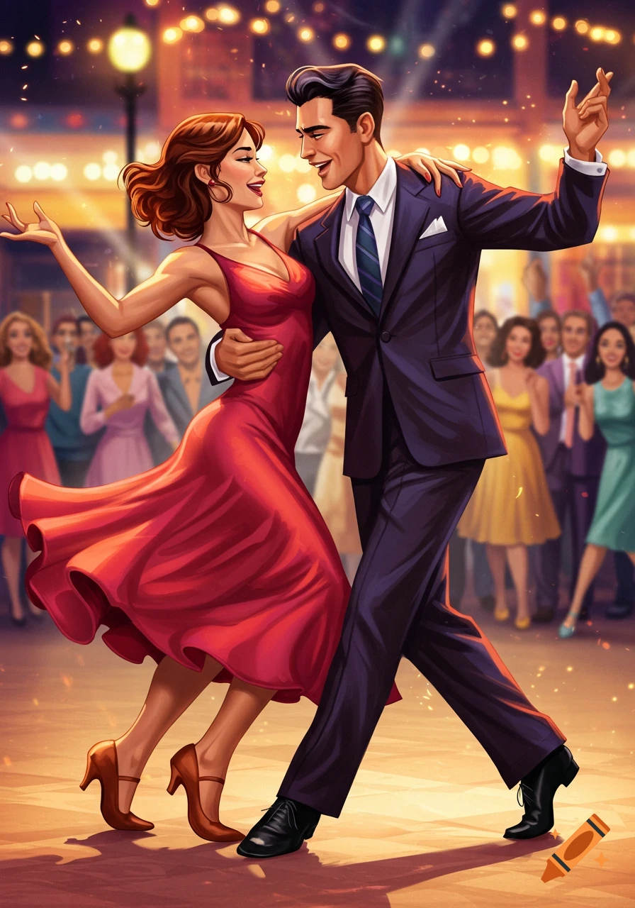 Illustration of a man and woman dancing outdoors at night