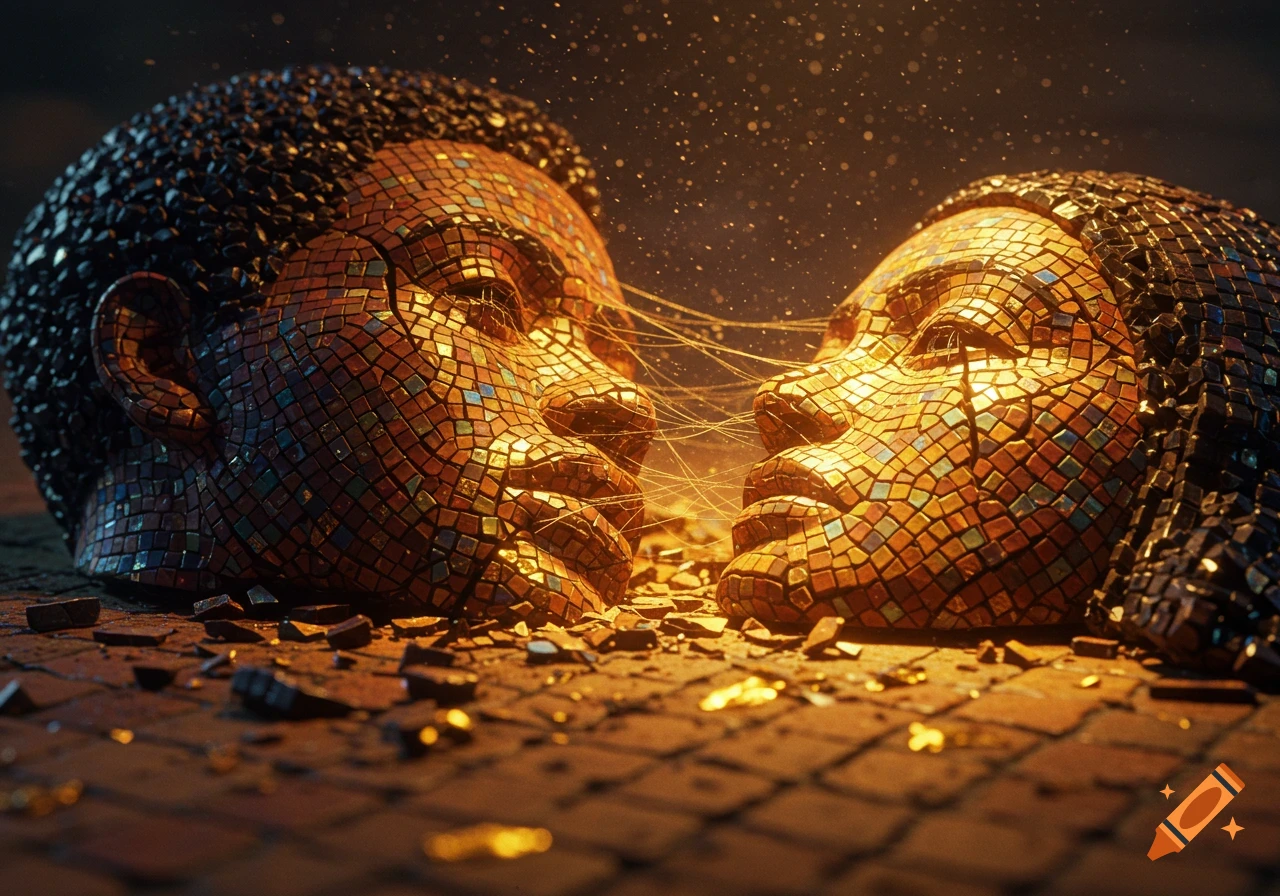 Close-up of a shattered mosaic sculpture of two faces connected by threads, lit dramatically.