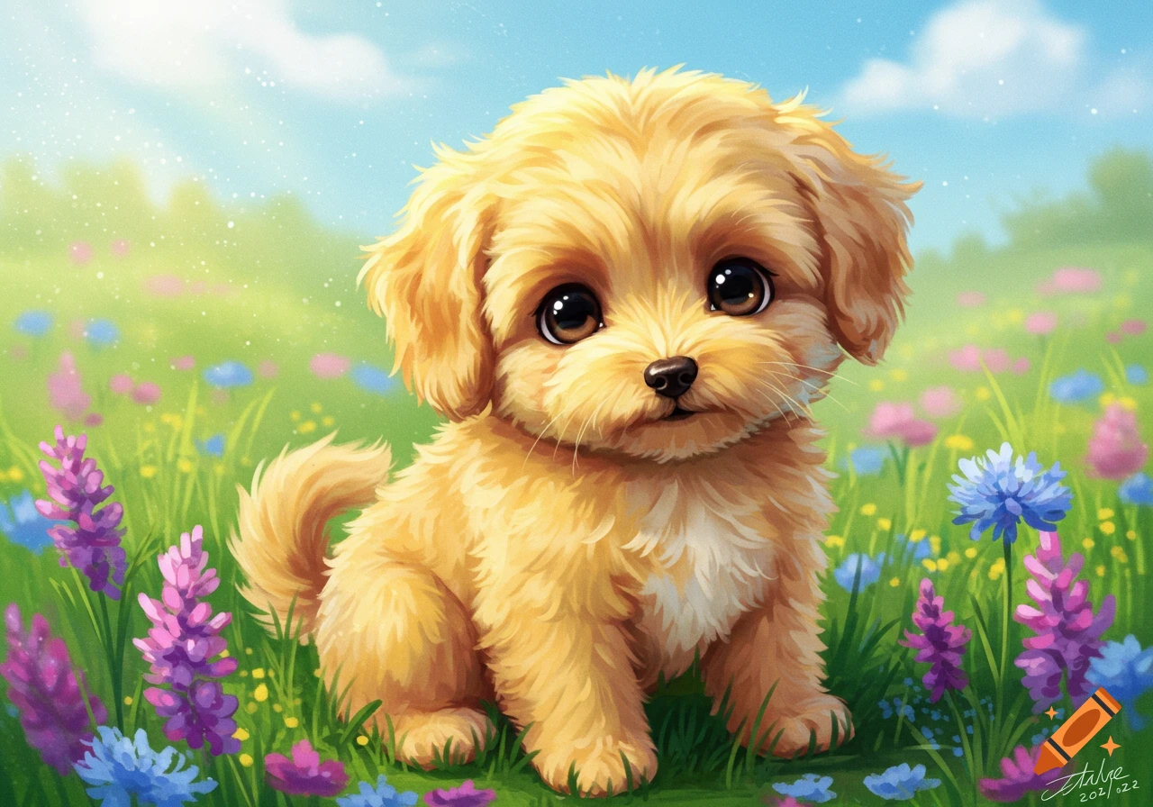 A cute yellow puppy sits in a field of colorful flowers. Illustration style.